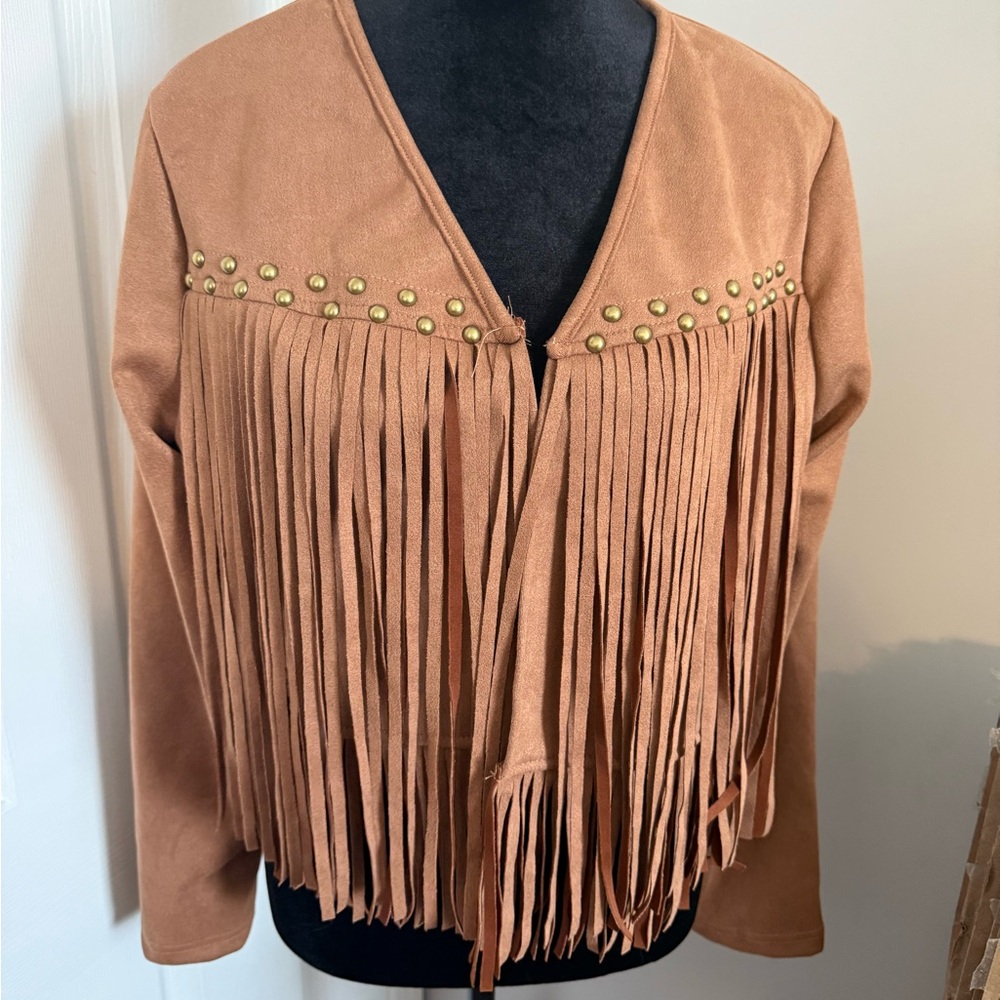 SHEIN Brown Fringe Jacket with Gold Studs